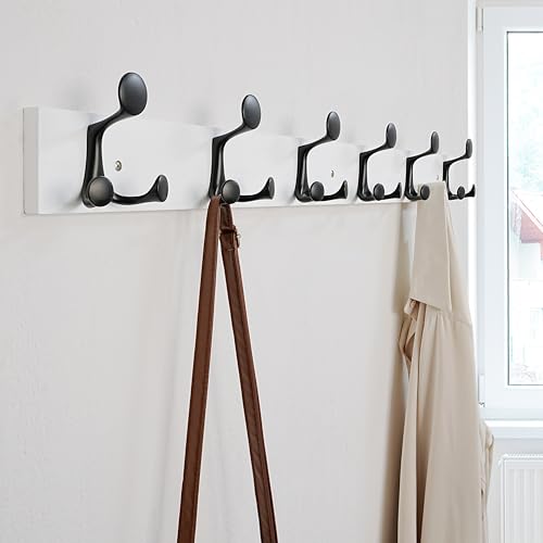 39 Inch White Wood Coat Rack Wall Mount with 6 Triple Hooks (2 Count)