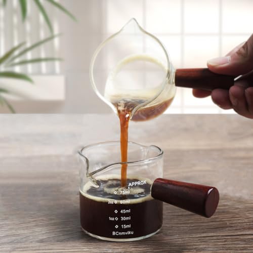 2 PCS Double Spouts Measuring Triple Pitcher Milk Cup with Wood Handle 75ML Espresso Shot Glasses Parts Clear Glass By BCnmviku (2 Count)