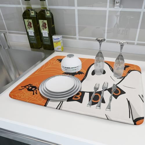 Orange Halloween Dish Drying Mat Spooky Boo Ghost Black Bats Dish Drainer Mats 18"x24" Spider Web Microfiber Reversible Dish Drying Rack Pad Protector for Kitchen Countertop Large Decor