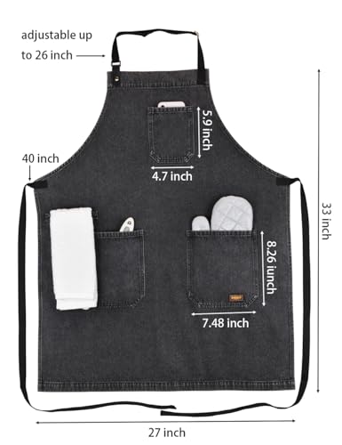 Black Denim Kitchen Cooking Apron with Pockets for Men Women