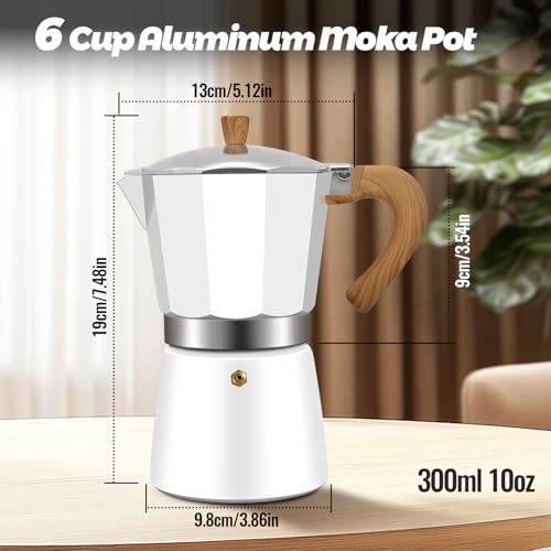 6 Cup Aluminum Moka Pot Classic Stovetop Espresso Coffee Maker 300ml 10oz Coffeemaker Percolator Mocha Express Preferred Cafe Makers for Italian and Cuban Café Brewing White
