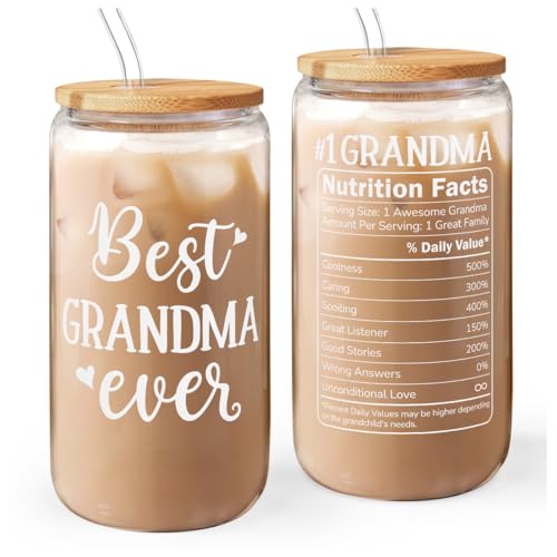 Grandma 16 Oz Can Glass Tumbler with Bamboo Lid and Straw