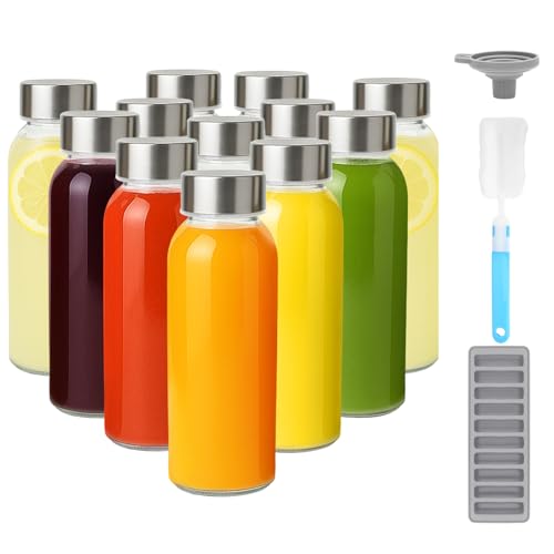 10.5 oz Glass Juice Bottles with Stainless Steel Lid Bulk (12 Count)