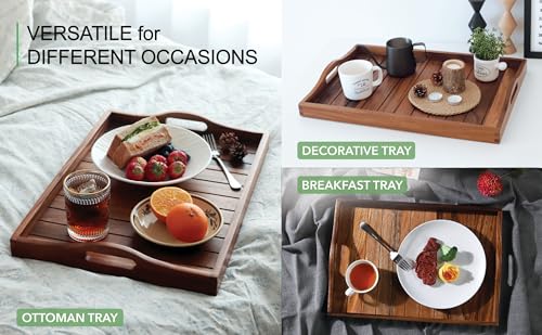 Large Acacia Wooden Serving Tray with Handles 20 x 14 inch Decorative Coffee Table Ottoman Tray for Living Room Extra Large for Kitchen Dinner Food Bar Breakfast in Bed
