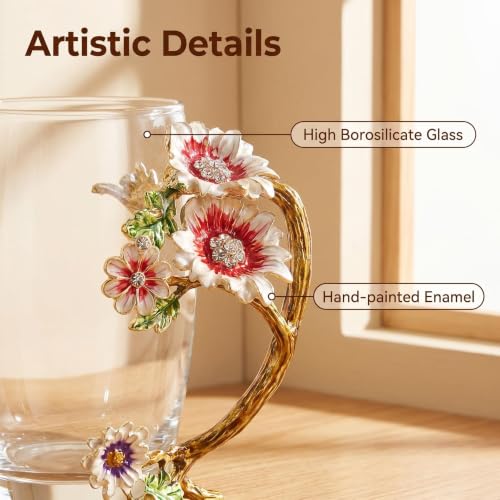 Tea Cup Gifts for Mom Women Mothers Day Glass Coffee Enamels Mug Birthday Butterfly Rose Valentines Day Christmas Tea Cup with Spoon