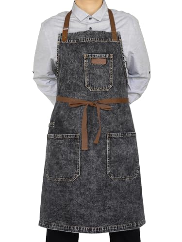 Black Denim Grill Apron with Pockets & Towel Loop for Men Women