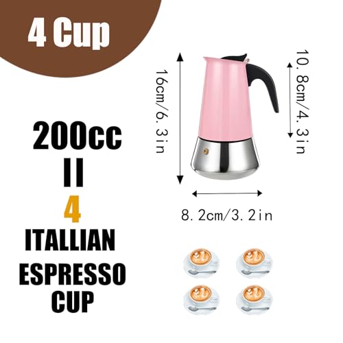 4 Cup Stovetop Espresso Maker Stainless Steel Moka Pot Stove Top Percolator Italian Coffee Makers Capable Mocha Greca Machine Cafe Classic Induction Cookers for Home and Camping 200ml 6.6oz
