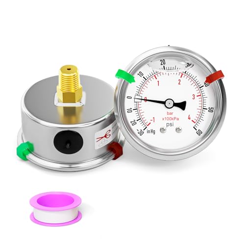 30inHG 60PSI Stainless Steel Glycerin Liquid Filled Vacuum Pressure Gauge 2.5" Dial Size