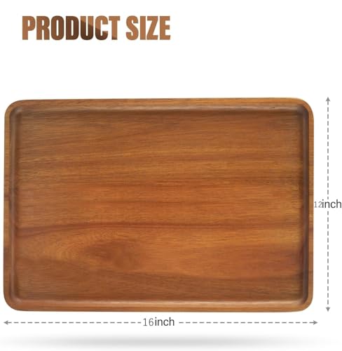 2 PCS Solid Acacia Wood Serving Trays 16 * 12 inch Rectangular Wooden Serving Platters Natural Wooden Boards for Bar Coffee Party (2 Count)