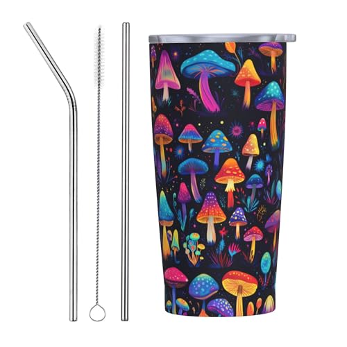 Mushroom Tumbler with Lid and Straw 20oz Coffee Tumblers Leakproof Stainless Steel Travel Mug Vacuum Insulated Cup for Iced and Hot (20 Count)