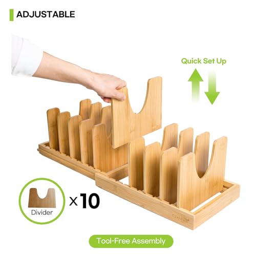 Pots and Pans Organizer under Cabinet Expandable Bamboo Pot Lid Holder Rack