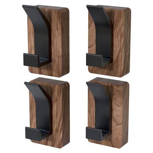 4 PCS Black Walnut Wood Wall Hooks Adhesive Mounted & Wall Mounted Rustic Decorative Entryway Hooks Mid Century Modern Natural Wooden Pegs for Hanging Coat Clothes Hat Bag Purse and Towel (4 Count)