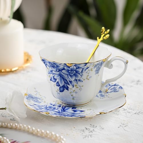Country Roses Porcelain Tea Cup and Saucer Set with Gold Trim