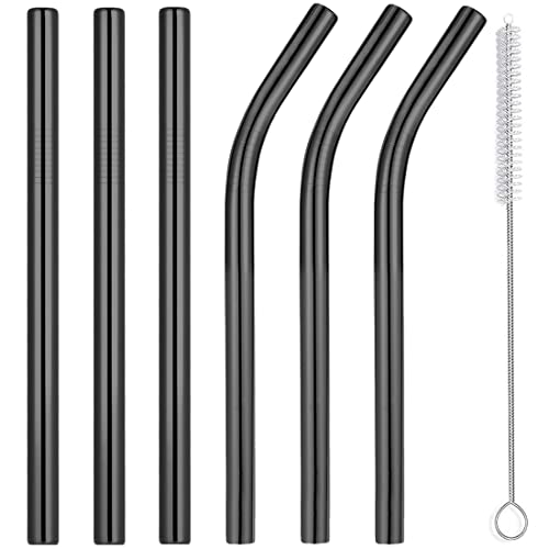 6 Pack Black 0.4" Wide Bore Reusable Stainless Steel Smoothie Straws (6 Count)