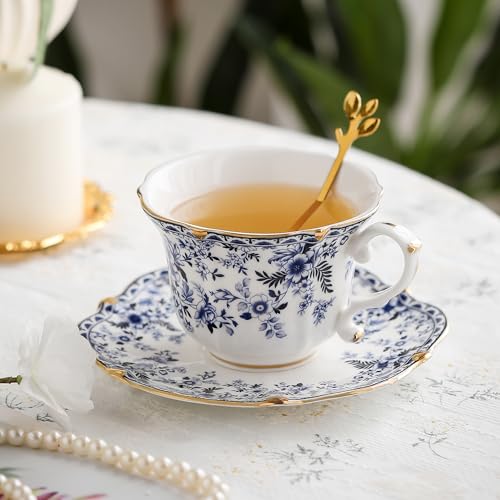 Country Roses Porcelain Tea Cup and Saucer Set with Gold Trim