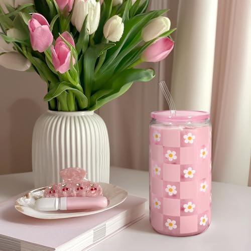 Checkerboard Daisies Glass Can