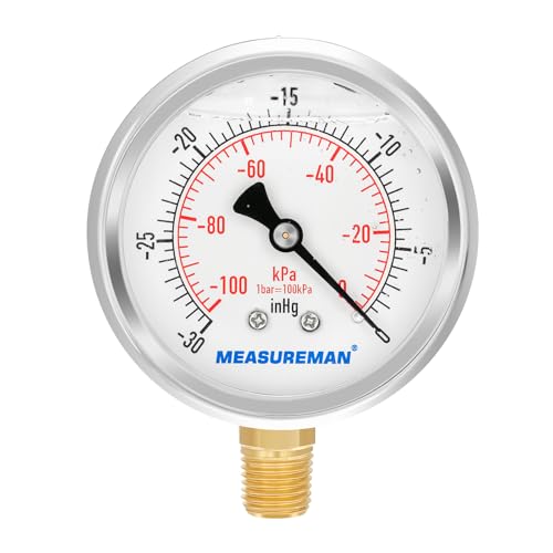 2-1/2" dial,Glycerin Filled, Stainless Steel case, Brass Inside, 30inHg/-100kpa-0,1/4" NPT Lower Mount