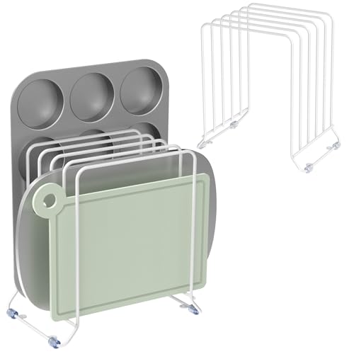 2 Pack-X-Large Kitchen Cabinet Organizer - Storage Tray Organizer Rack for Kitchen Cabinet - Divided Holder with 5 Slots for Skillets, Cutting Board, Baking Sheets- (White) (2 Count)