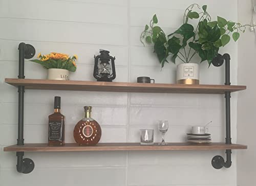Pipe Shelves Industrial Pipe Shelving Real Wood Industrial Floating Shelves with Wood Planks 48 inch Wall Shelves Rustic Hanging Bookshelf Farmhouse Kitchen Bar Shelving