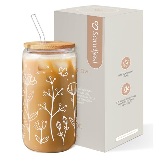 Floral Cup 16 Oz Can Glass with Bamboo Lid and Straw