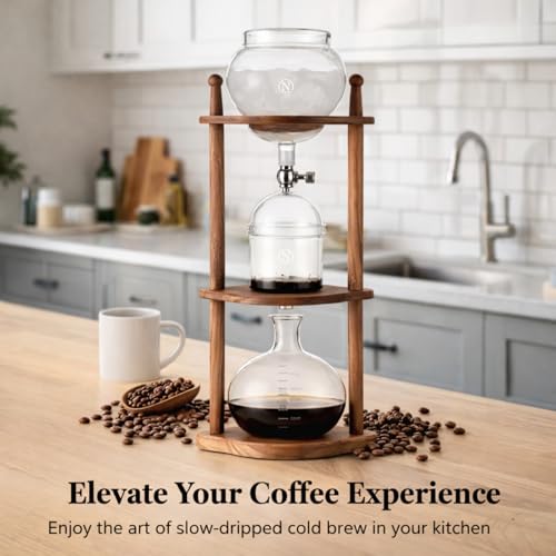 Cold Brew coffee Maker Ice Coffee Drip Machine with Advanced Slow Drip Technology Borosilicate Glass with Wood Tower