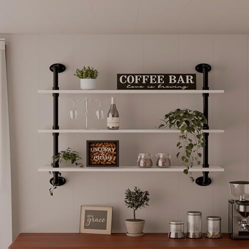Floating Bookshel Industrial Pipe Shelving Pipe Shelves Rustic White Wall Shelves 36 Inch Farmhouse Book Shelves for Kitchen Bar
