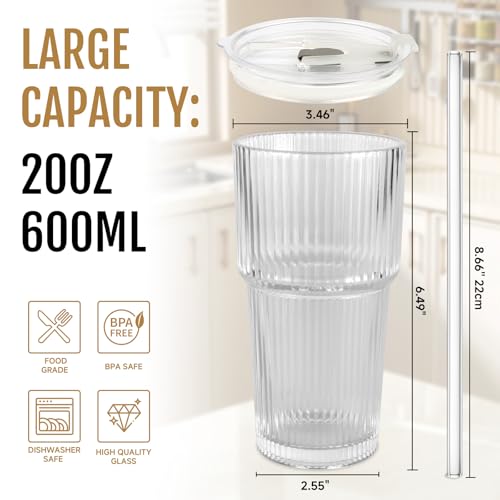 20oz Ribbed Glass Cups with Lids and Straws (2 Count)