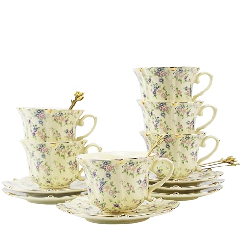 Country Roses Porcelain Tea Cup and Saucer Set with Gold Trim
