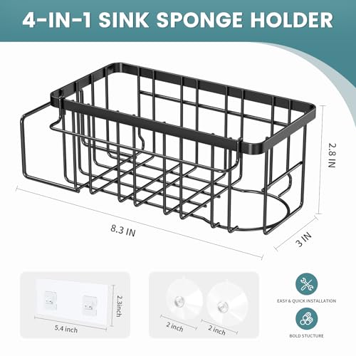 4-in-1 Sponge Holder for Kitchen Sink, Sink Caddy Organizers and Storage with Adhesive Hook & Suction Cups, Rustproof Kitchen Sink Organizer for Home Decor - Black