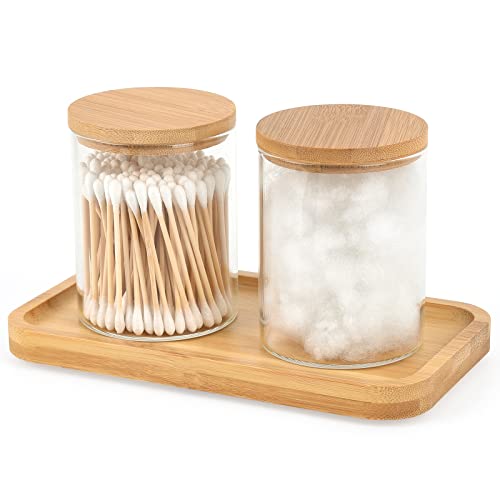 Glass Qtip Holder Dispenser with Bamboo Vanity Tray (2 Count)