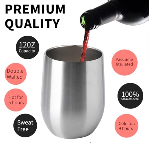 12oz 4 Pack Wine Tumbler Glasses with Lid Stemless Double Wall Vacuum Stainless Steel Travel Tumbler Keeping Cold & Hot for Wine