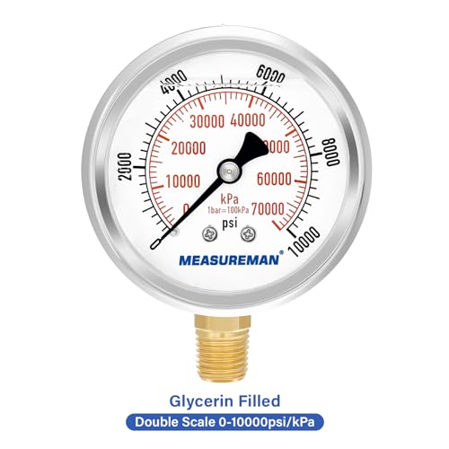 2-1/2" Dial Size, Glycerin Filled Pressure Gauge, 0-10000psi/kpa, 304 Stainless Steel Case, 1/4" NPT Lower Mount