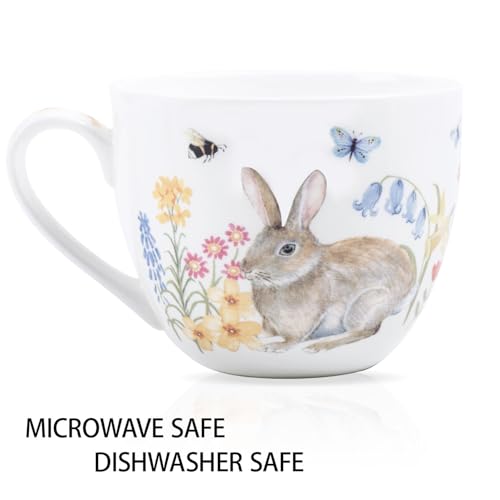 20 oz Bunny Coffee Mug with Spring Flowers & Happy Days Slogan