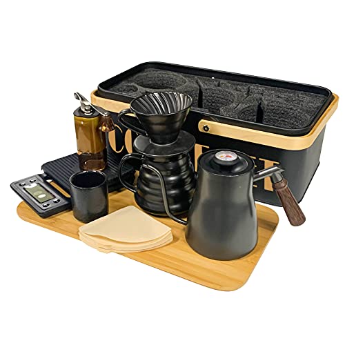 Pour Over Coffee Maker Set Coffee Kettle Scale Ceramic Server Ceramic Dripping Cup Bean Grinder Filter Paper Ceramic Cup ALL in 1 Portable Metal Box for Traveling (5 Count)