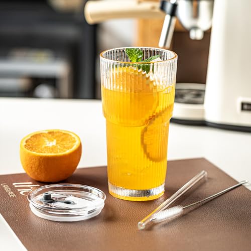 20oz Ribbed Drinking Glasses with Lids and Glass Straws