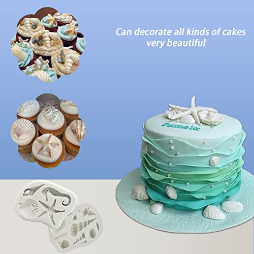 Marine Theme Silicone Fondant Mold 4pcs Under the Sea Cake Mold Hippocampus Seaweed Sea Fish Crab Coral Conch Sea Shell Silicone Chocolate Mold for DIY Ocean Theme Cake Cookie Chocolate Candy (4 Count)