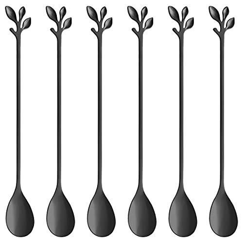 6 Piece Elegant Black Leaf Long Handle Teaspoons (6 Count)