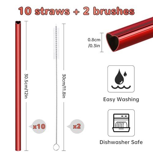 12” Heart Shaped Stainless Steel Straws Fit for Stanley Tumbler 40oz (10 Count)