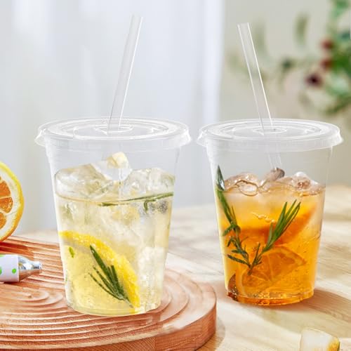 100 Pack 16 oz Clear Plastic Cups with Lids and Straws (100 Count)
