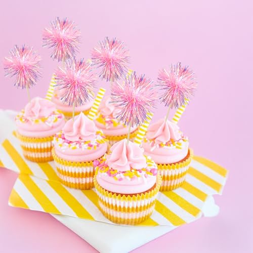 30Pcs Foil Firework Cupcake Toppers Sparkle Tinsel Cupcake Picks Happy Birthday Cake Toppers Drink Cocktail Food Fruit Toothpicks for Baby Shower Birthday Party Supplies Pink (30 Count)
