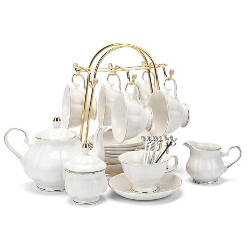 Tea Set 22 Piece Porcelain Ceramic Coffee Tea Gift Sets Cups Saucer Service for 6 Teapot Sugar Bowl Creamer Pitcher and Teaspoons (22 Count)