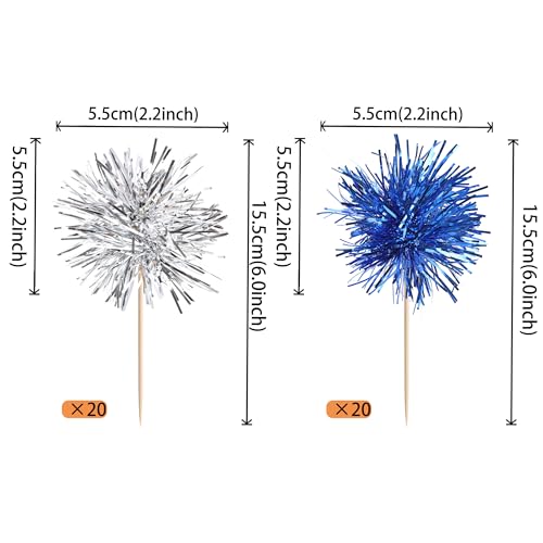 40 PCS Foil Firework Cupcake Toppers Sparkle Tinsel Cupcake Picks Fireworks Birthday Party Decorations Cocktail Fruit Toothpick for Birthday Wedding Graduation Party Decorations Supplies Silver Blue (40 Count)