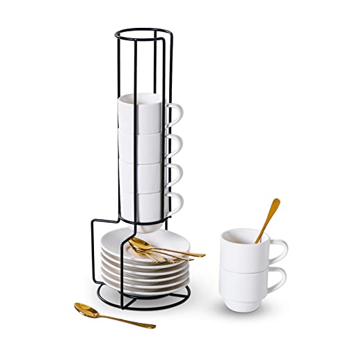 Porcelain Stackable Espresso Cups with Saucers (6 Count)