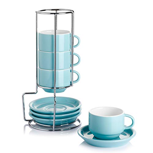 4 Ounce Porcelain Stackable Espresso Cups with Saucers and Metal Stand Set of 4 (4 Count)