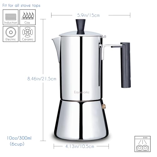 Pedro Stovetop Espresso Maker 6Cup 300ml Stainless Steel Italian Coffee Machine Maker Moka Pot Induction Espresso Pot (300 milliliters Count)