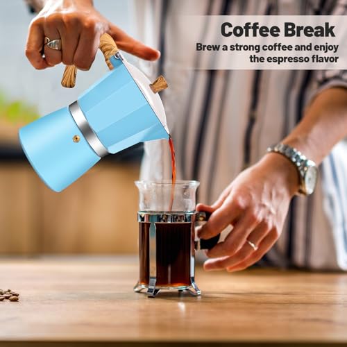 6 Cup Aluminum Moka Pot Classic Stovetop Espresso Coffee Maker 300ml 10oz Coffeemaker Percolator Mocha Pot Greca Coffee Maker Cafe Makers for Italian and Cuban Café Brewing Blue