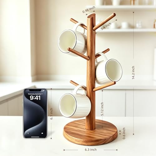 Large Acacia Wood Mug Holder Tree for Countertop