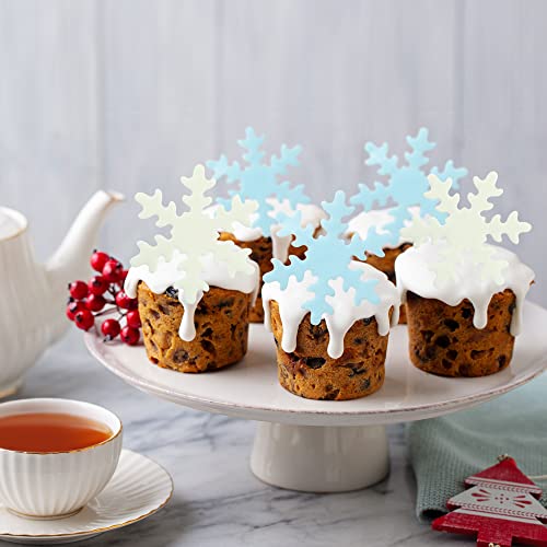 50Pcs Blue White Edible Cupcake Toppers Snowflakes Cake Toppers Snowflakes Cake Decoration Winter Frozen Birthday Party Supplies (50 Count)