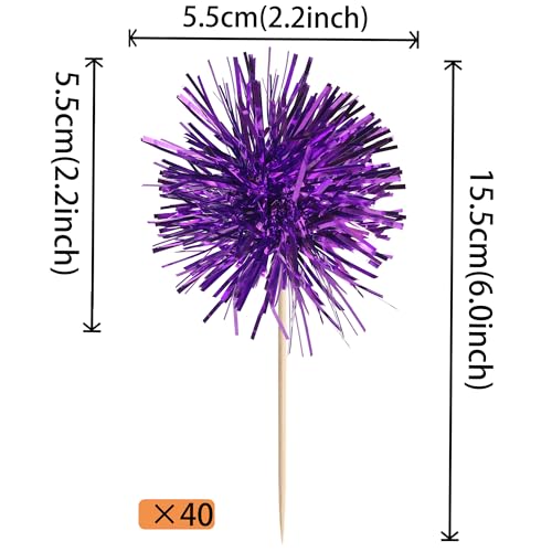 40 PCS Foil Firework Cupcake Toppers Fireworks Cupcake Picks Sparkle Tinsel Cake Decorations Cocktail Fruit Toothpick for Firework Theme Birthday Wedding Graduation Party Decorations Supplies Purple (40 Count)