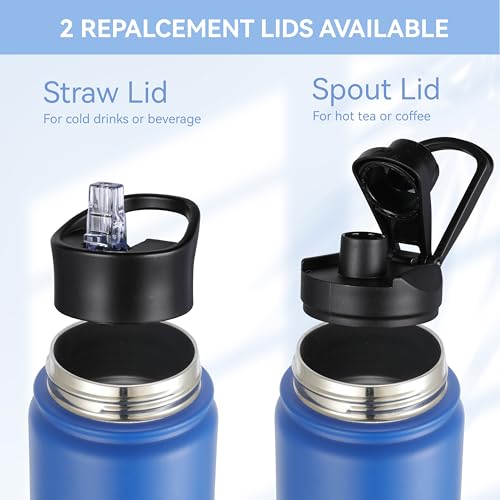 Insulated Water Bottle 22 oz Double Wall Stainless Steel Water Bottle Wide Mouth with Straw Lid & Spout Lid Keeps Cold or Hot